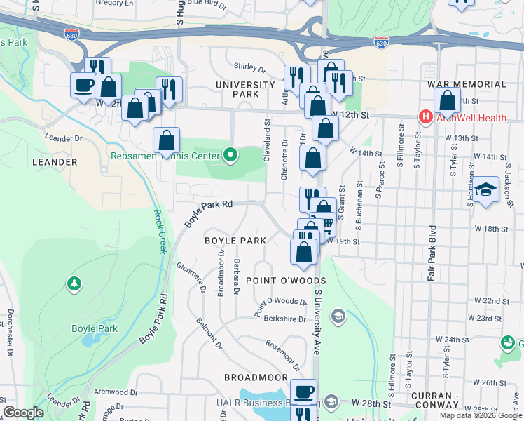 map of restaurants, bars, coffee shops, grocery stores, and more near 6218 Bittersweet Drive in Little Rock