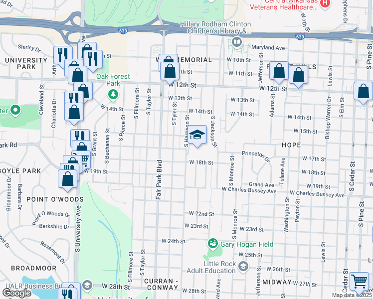 map of restaurants, bars, coffee shops, grocery stores, and more near 1701 South Harrison Street in Little Rock