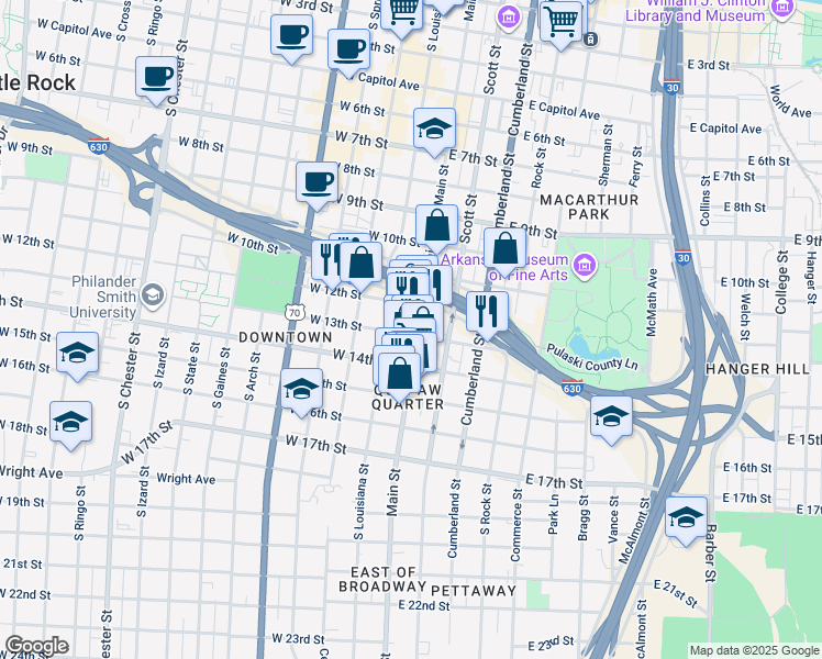 map of restaurants, bars, coffee shops, grocery stores, and more near 1204 Main Street in Little Rock