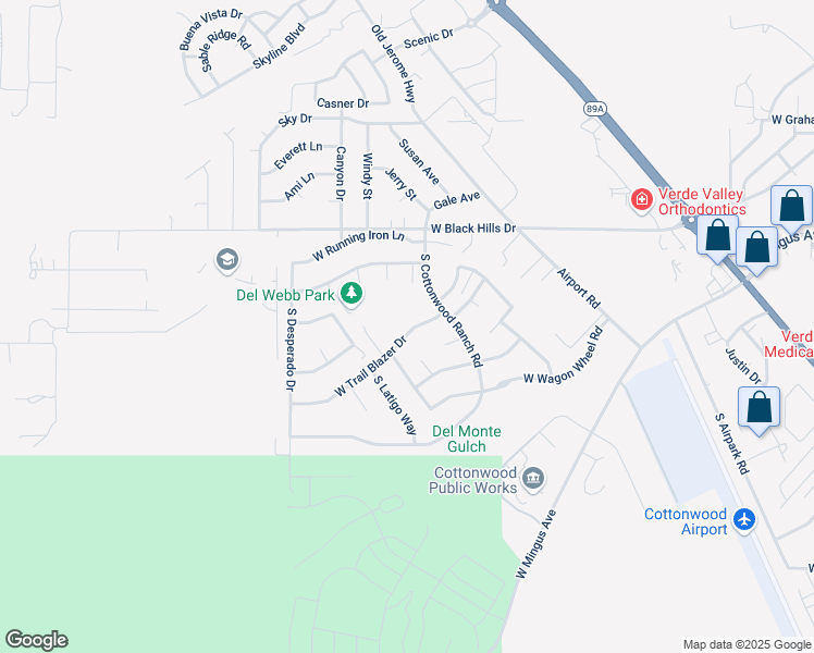 map of restaurants, bars, coffee shops, grocery stores, and more near 1924 West Trail Blazer Drive in Cottonwood