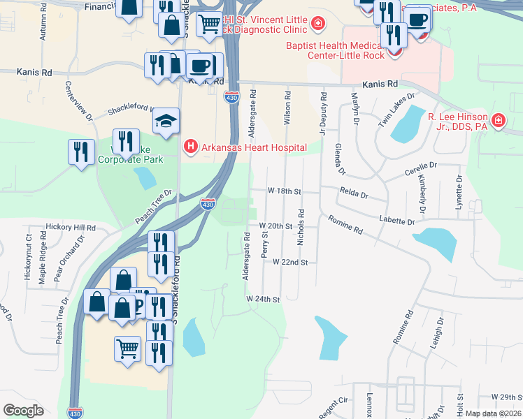 map of restaurants, bars, coffee shops, grocery stores, and more near 1812 Perry Street in Little Rock