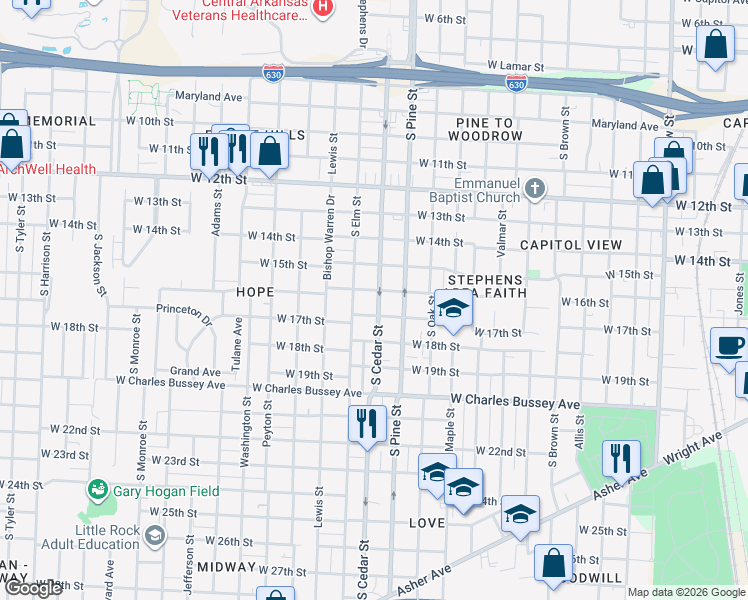 map of restaurants, bars, coffee shops, grocery stores, and more near 1608 South Cedar Street in Little Rock
