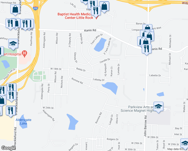 map of restaurants, bars, coffee shops, grocery stores, and more near 1815 Marlyn Drive in Little Rock