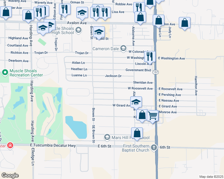 map of restaurants, bars, coffee shops, grocery stores, and more near 305-317 East Roosevelt Avenue in Muscle Shoals