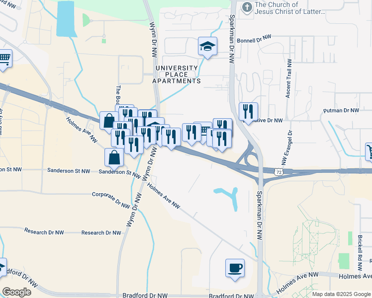 map of restaurants, bars, coffee shops, grocery stores, and more near University Drive in Huntsville