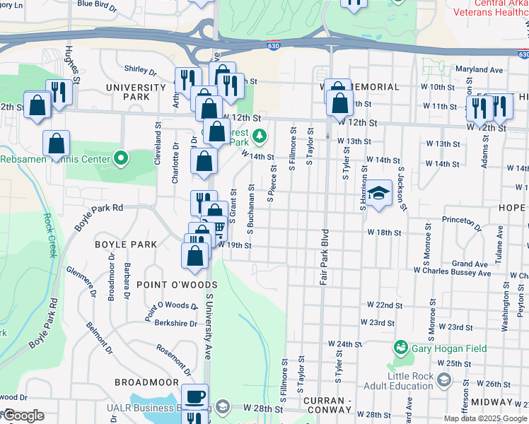 map of restaurants, bars, coffee shops, grocery stores, and more near 1700 South Pierce Street in Little Rock