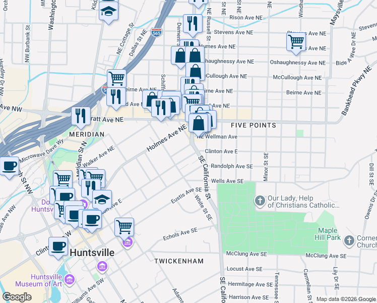 map of restaurants, bars, coffee shops, grocery stores, and more near 201 Dement Street Northeast in Huntsville