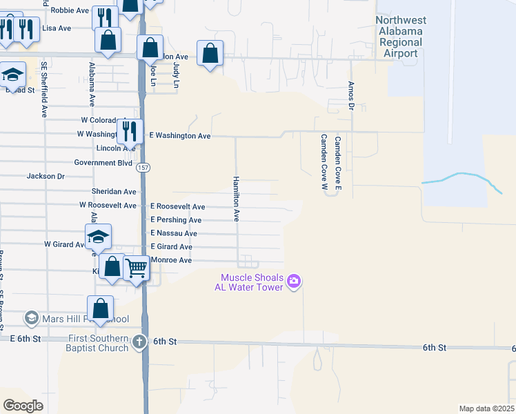 map of restaurants, bars, coffee shops, grocery stores, and more near 405 East Roosevelt Avenue in Muscle Shoals