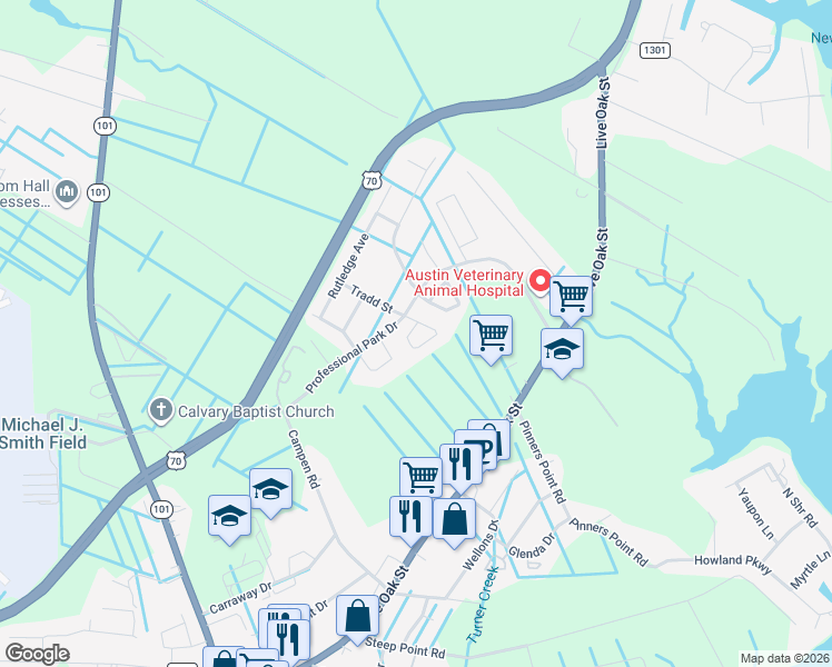 map of restaurants, bars, coffee shops, grocery stores, and more near 104 Palmetto Place Circle in Beaufort