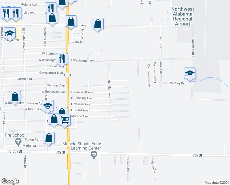 map of restaurants, bars, coffee shops, grocery stores, and more near 405 East Roosevelt Avenue in Muscle Shoals