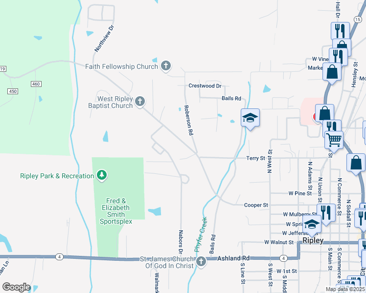 map of restaurants, bars, coffee shops, grocery stores, and more near 745 West Cooper Street in Ripley