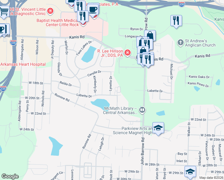 map of restaurants, bars, coffee shops, grocery stores, and more near 1800 Lynette Drive in Little Rock