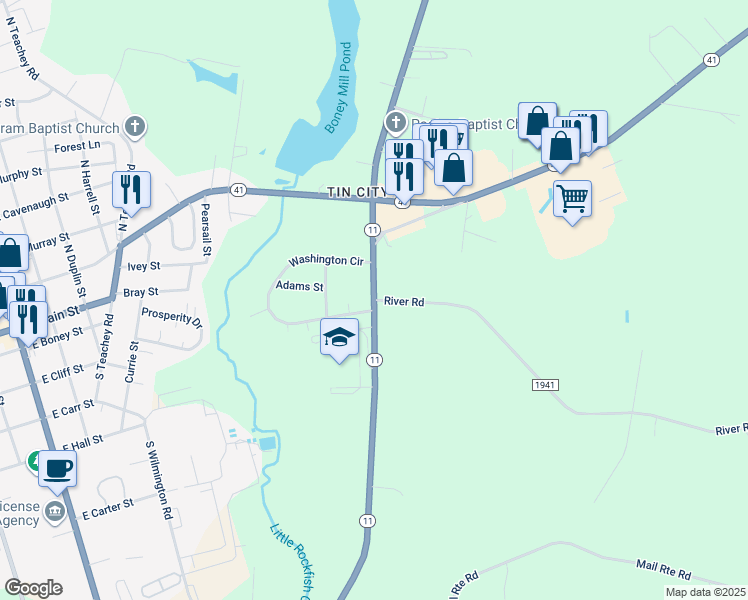 map of restaurants, bars, coffee shops, grocery stores, and more near River Road in Wallace
