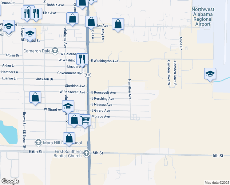 map of restaurants, bars, coffee shops, grocery stores, and more near 305 East Roosevelt Avenue in Muscle Shoals