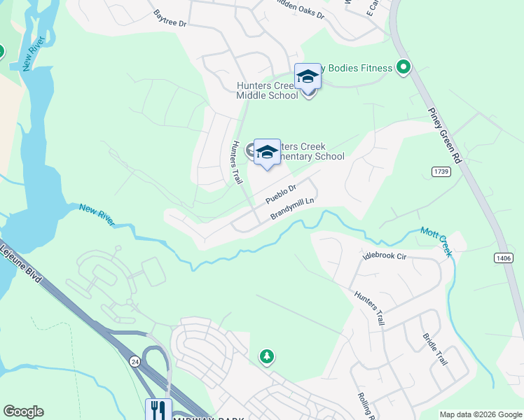 map of restaurants, bars, coffee shops, grocery stores, and more near 1104 Pueblo Drive in Jacksonville