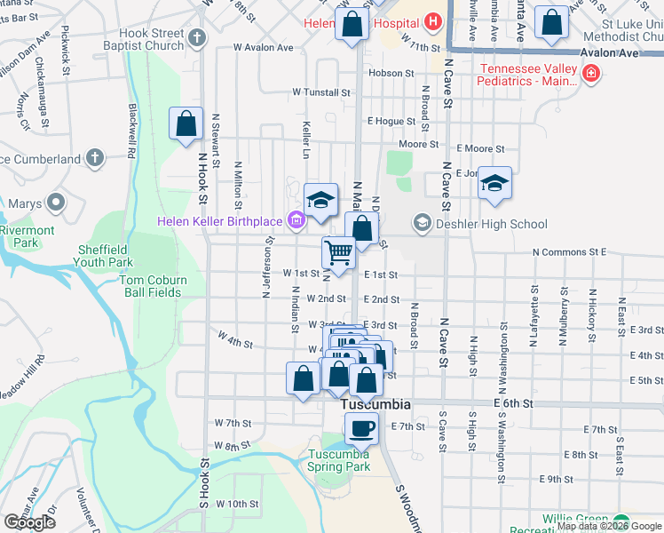 map of restaurants, bars, coffee shops, grocery stores, and more near 501-551 North Water Street in Tuscumbia