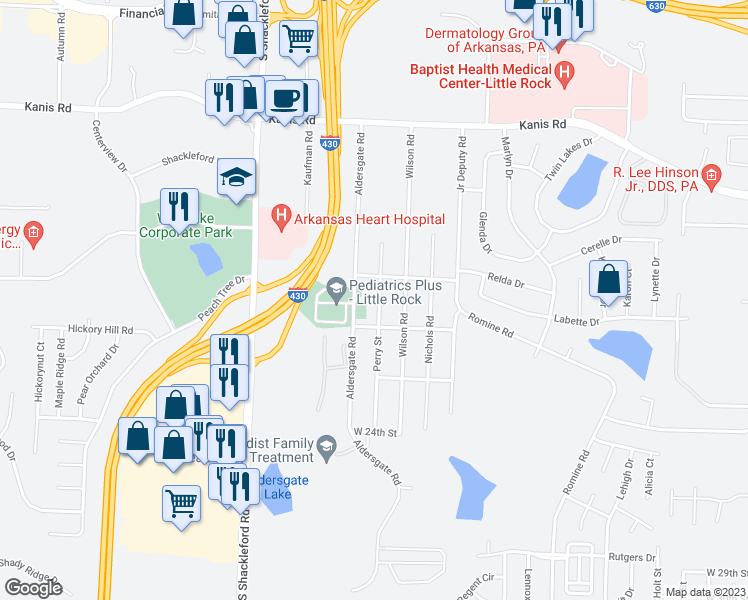map of restaurants, bars, coffee shops, grocery stores, and more near 1912 Perry Street in Little Rock