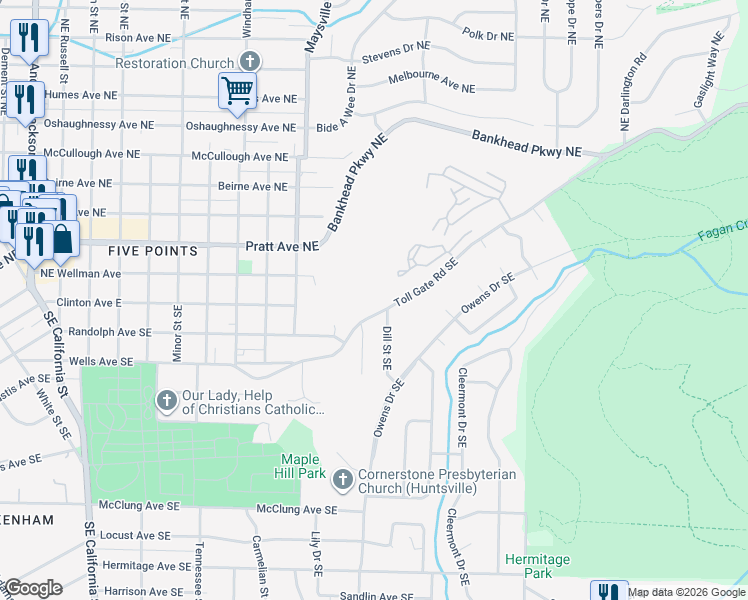 map of restaurants, bars, coffee shops, grocery stores, and more near 2003 Toll Gate Road Southeast in Huntsville