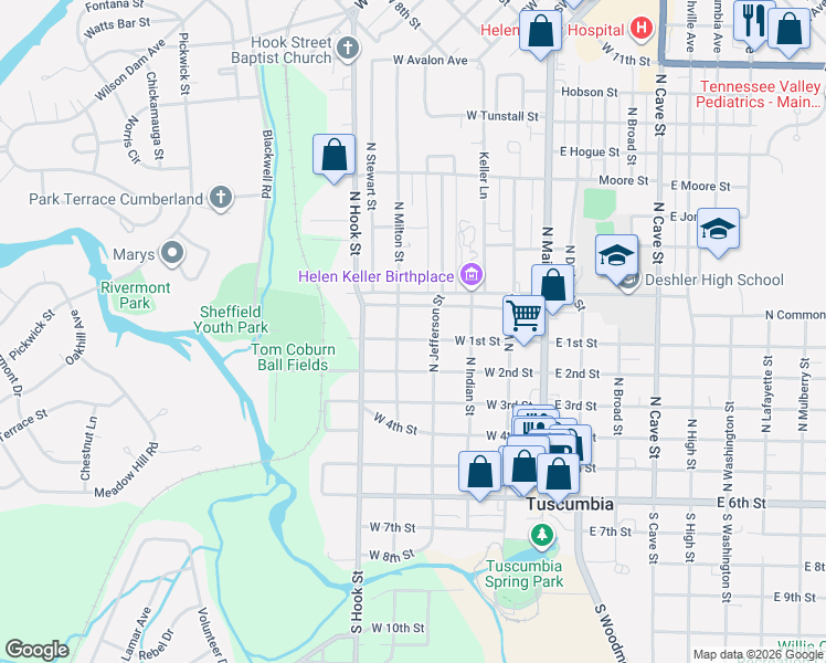 map of restaurants, bars, coffee shops, grocery stores, and more near 402 West 1st Street in Tuscumbia