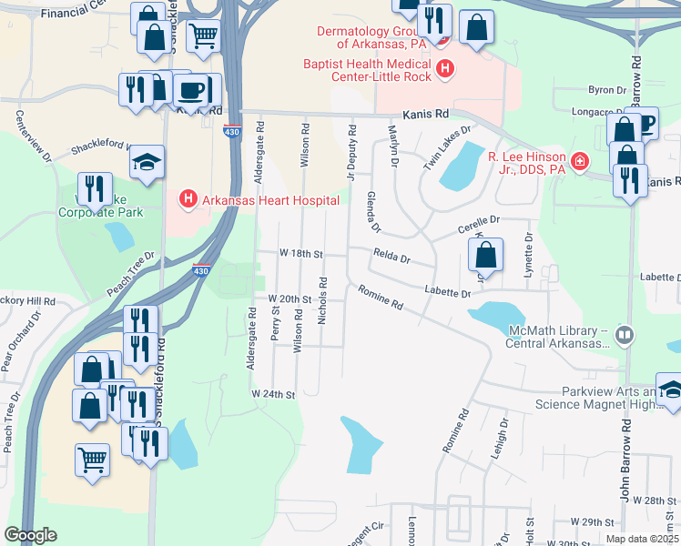 map of restaurants, bars, coffee shops, grocery stores, and more near 1812 Junior Deputy Road in Little Rock