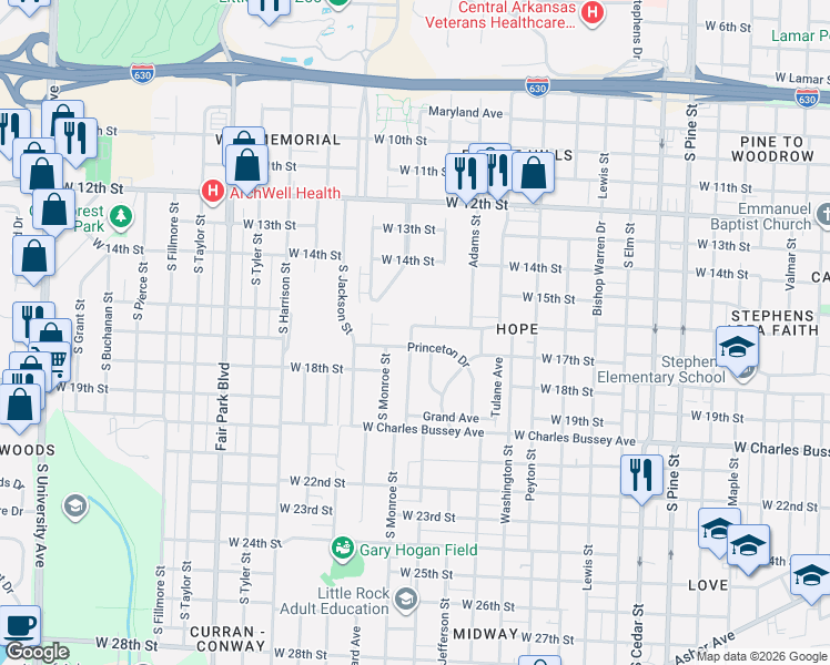 map of restaurants, bars, coffee shops, grocery stores, and more near 5 Carlton Drive in Little Rock