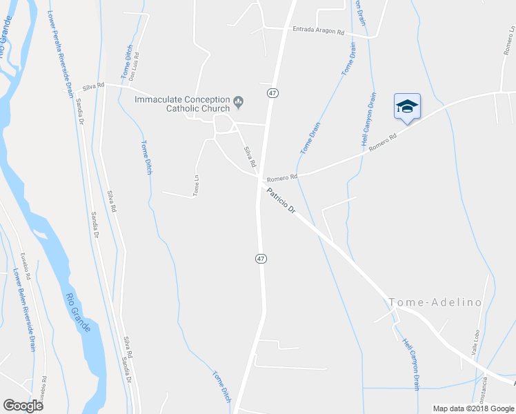 map of restaurants, bars, coffee shops, grocery stores, and more near New Mexico 47 in Tome-Adelino