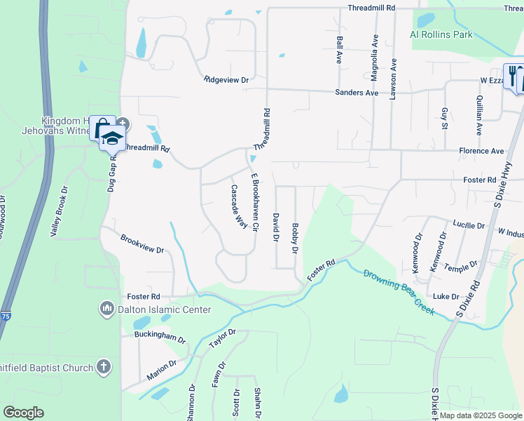 map of restaurants, bars, coffee shops, grocery stores, and more near 3016 East Brookhaven Circle in Dalton