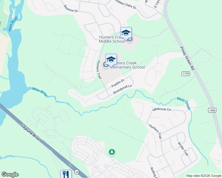 map of restaurants, bars, coffee shops, grocery stores, and more near 1101 Pueblo Drive in Jacksonville