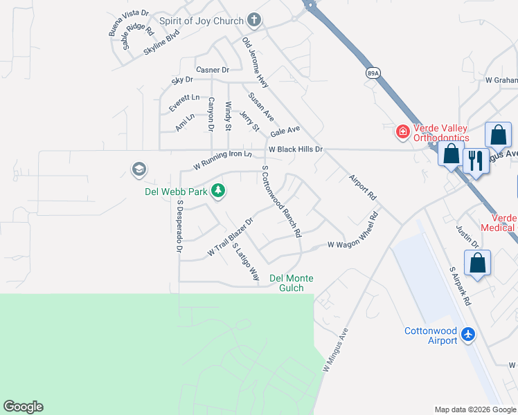 map of restaurants, bars, coffee shops, grocery stores, and more near 1924 West Trail Blazer Drive in Cottonwood