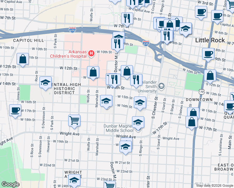 map of restaurants, bars, coffee shops, grocery stores, and more near 1420 W 15th St in Little Rock