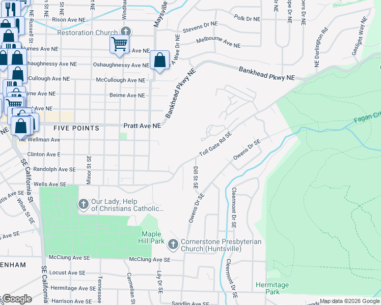 map of restaurants, bars, coffee shops, grocery stores, and more near 2003 Toll Gate Rd SE in Huntsville