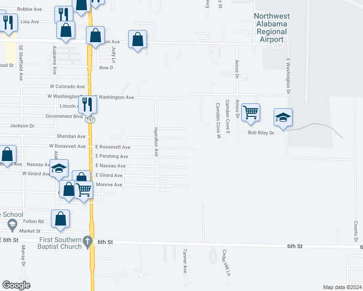 map of restaurants, bars, coffee shops, grocery stores, and more near 413 East Roosevelt Avenue in Muscle Shoals