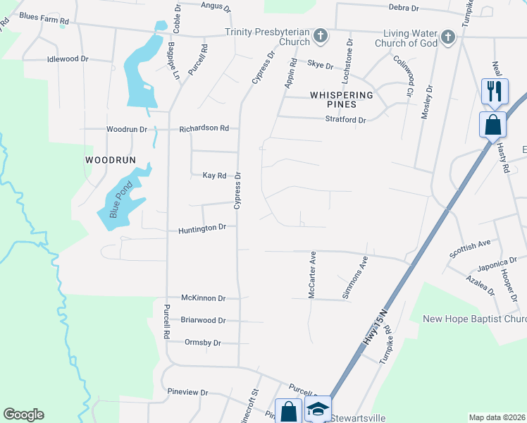 map of restaurants, bars, coffee shops, grocery stores, and more near 12741 Woodbridge Drive in Laurinburg