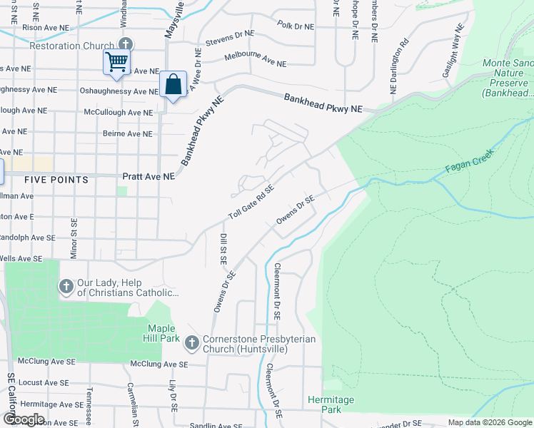 map of restaurants, bars, coffee shops, grocery stores, and more near 202 Zephyr Circle Southeast in Huntsville