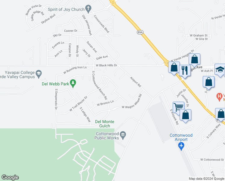map of restaurants, bars, coffee shops, grocery stores, and more near 1630 West Cedar Post Lane in Cottonwood