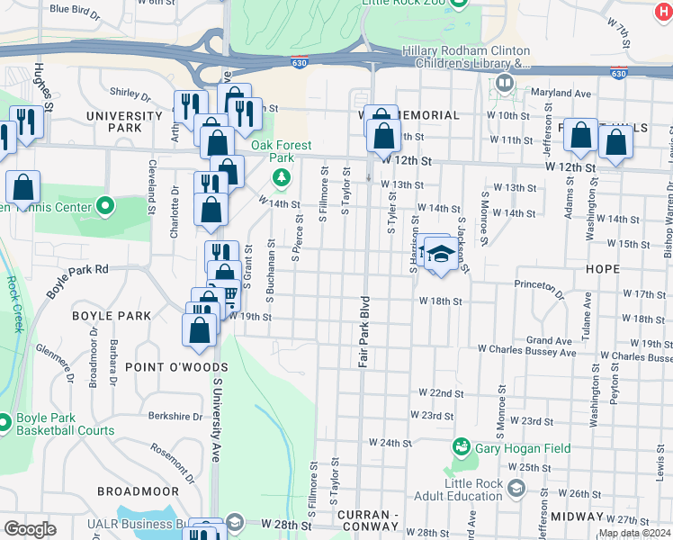 map of restaurants, bars, coffee shops, grocery stores, and more near 1624 South Taylor Street in Little Rock
