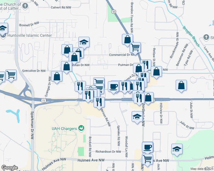 map of restaurants, bars, coffee shops, grocery stores, and more near 4213 Boxwood Drive Northwest in Huntsville