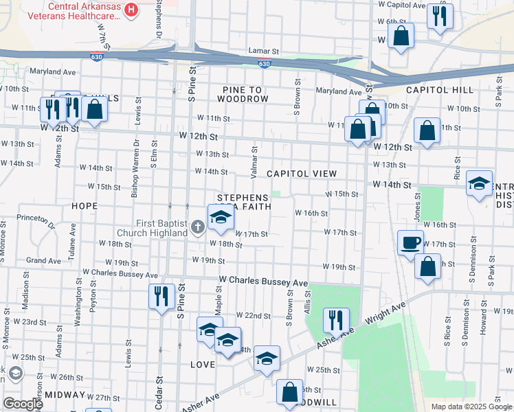 map of restaurants, bars, coffee shops, grocery stores, and more near 1510 Valmar Street in Little Rock