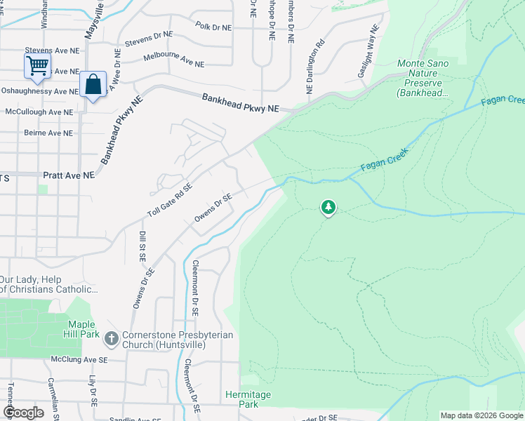 map of restaurants, bars, coffee shops, grocery stores, and more near 518 Cleermont Drive Southeast in Huntsville