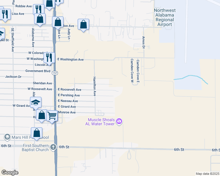 map of restaurants, bars, coffee shops, grocery stores, and more near 413 East Roosevelt Avenue in Muscle Shoals