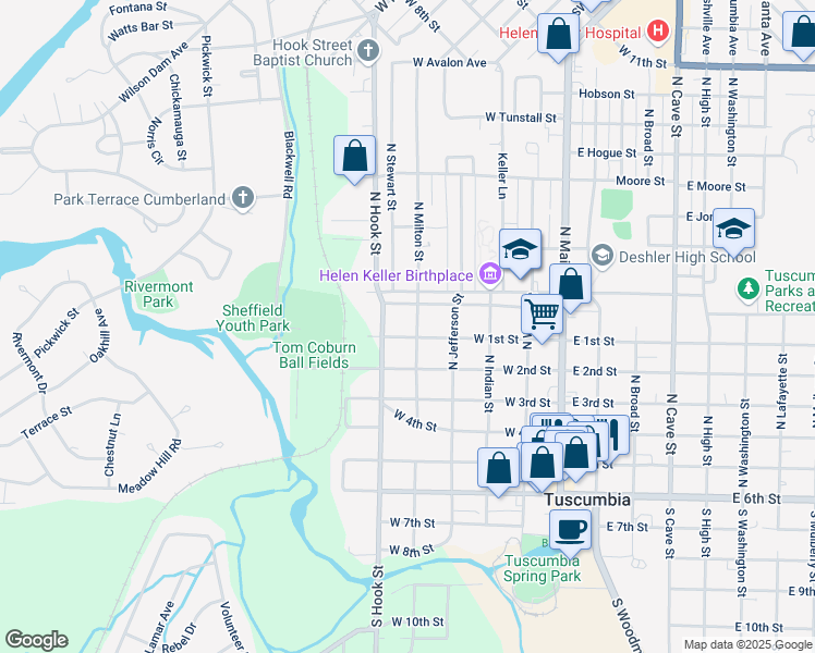 map of restaurants, bars, coffee shops, grocery stores, and more near 503 North Milton Street in Tuscumbia