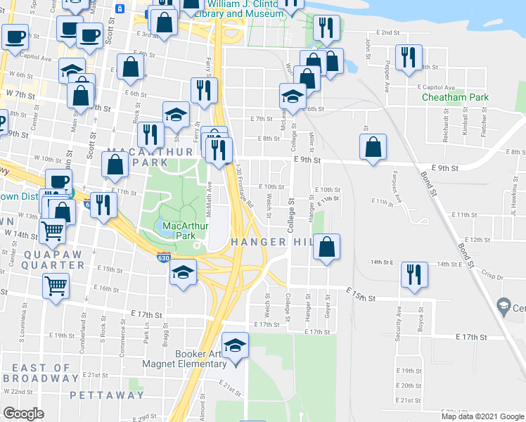 map of restaurants, bars, coffee shops, grocery stores, and more near 1026 Welch Street in Little Rock