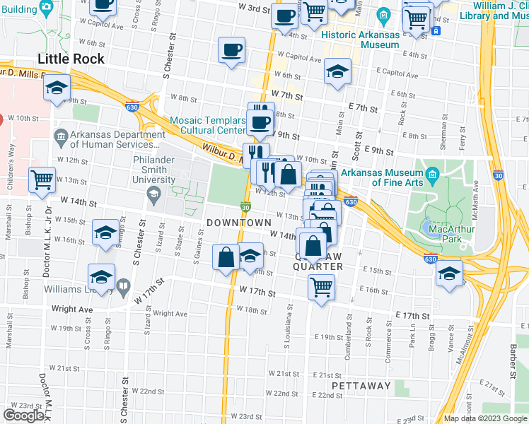 map of restaurants, bars, coffee shops, grocery stores, and more near 402 West 13th Street in Little Rock