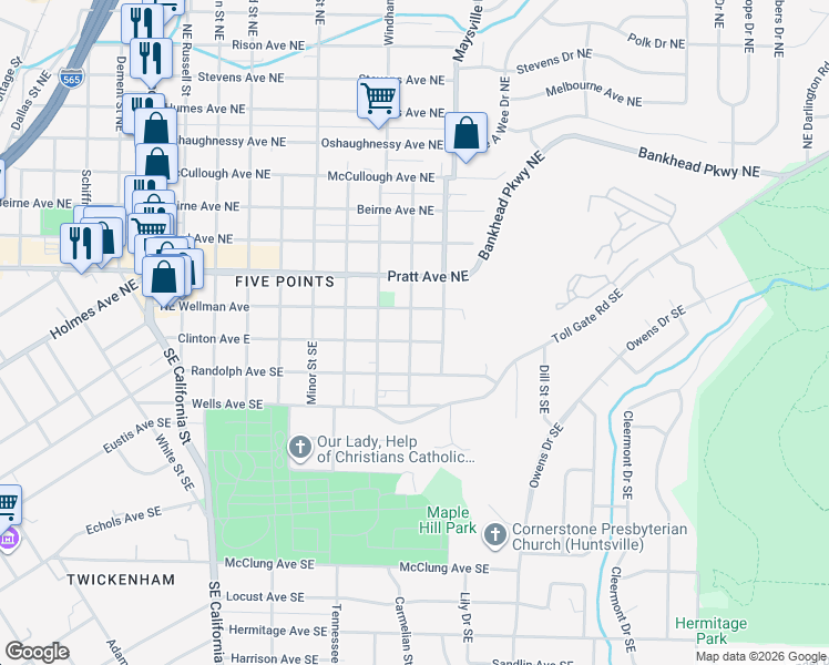map of restaurants, bars, coffee shops, grocery stores, and more near 1601 Clinton Avenue East in Huntsville
