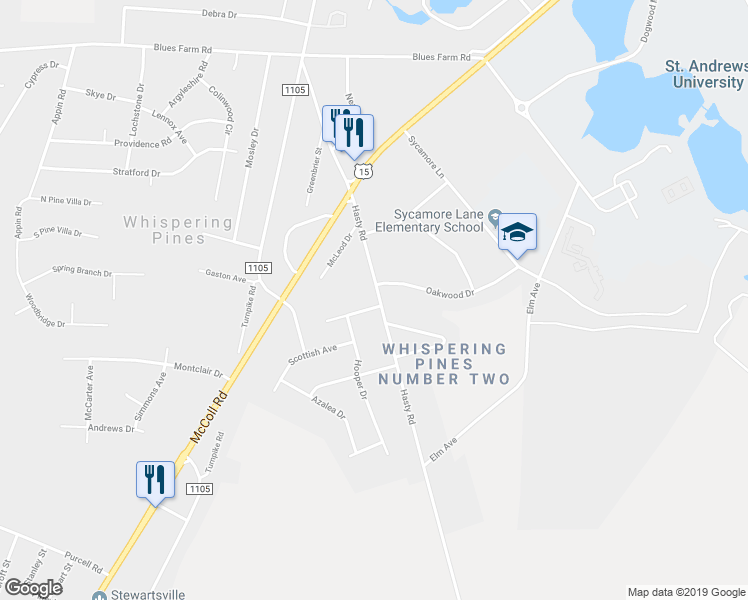 map of restaurants, bars, coffee shops, grocery stores, and more near 11840 Hasty Road in Laurinburg