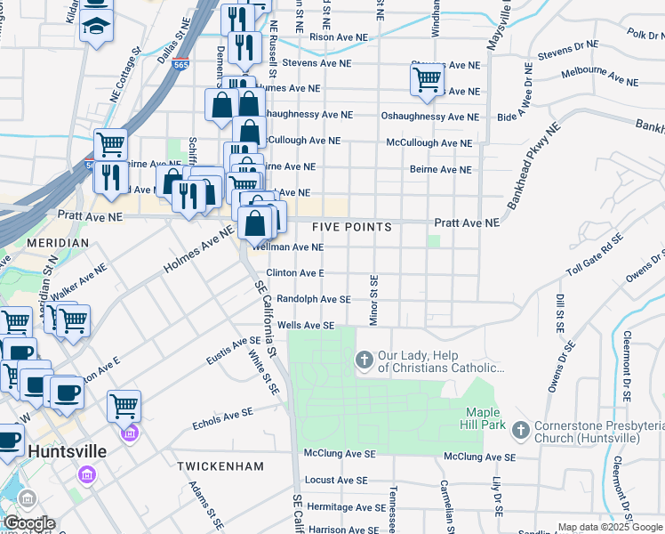 map of restaurants, bars, coffee shops, grocery stores, and more near 1111 Clinton Avenue East in Huntsville
