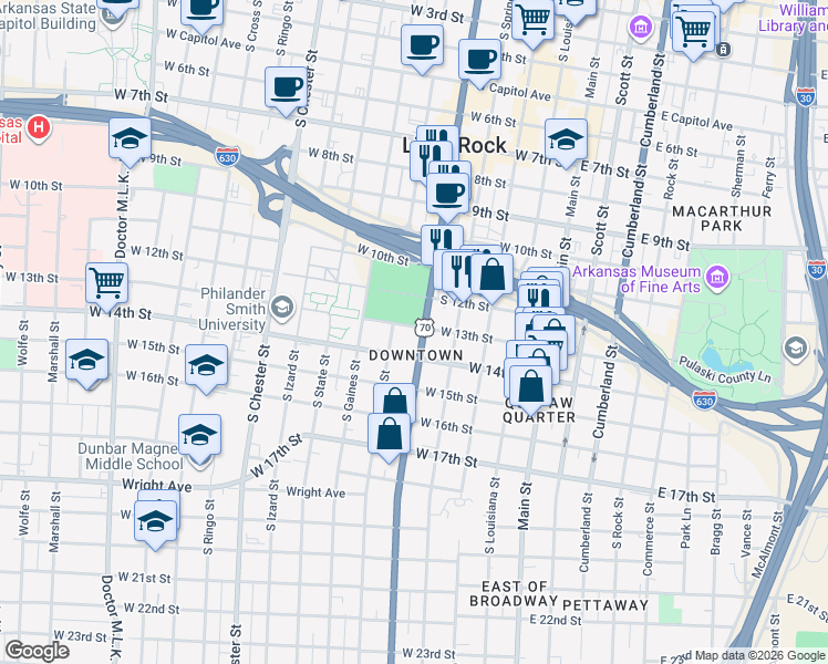 map of restaurants, bars, coffee shops, grocery stores, and more near in Little Rock