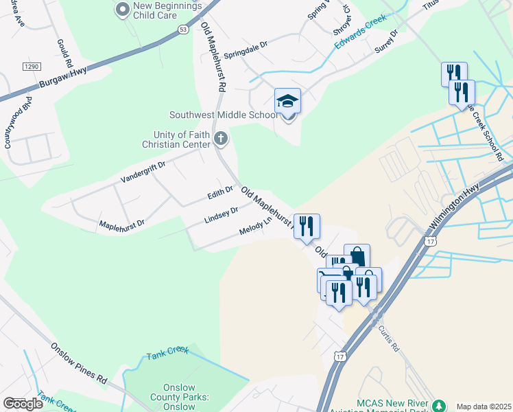 map of restaurants, bars, coffee shops, grocery stores, and more near 101 Lindsey Drive in Jacksonville
