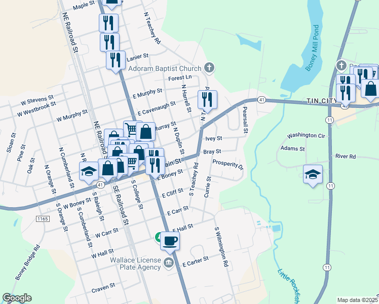 map of restaurants, bars, coffee shops, grocery stores, and more near 507 East Main Street in Wallace