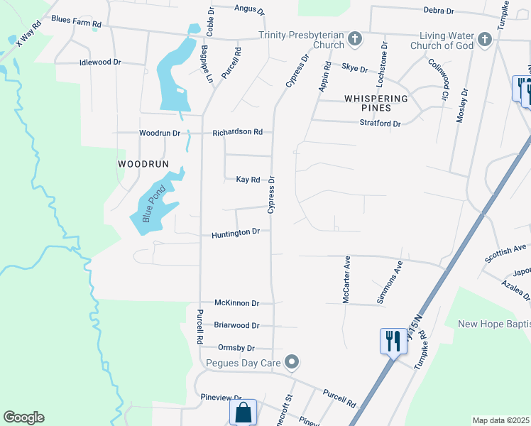 map of restaurants, bars, coffee shops, grocery stores, and more near 12520 Windmere Dr in Laurinburg